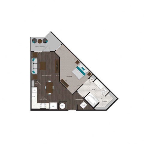 Floor plan for 1 bed, 1 bath, 638 sqft